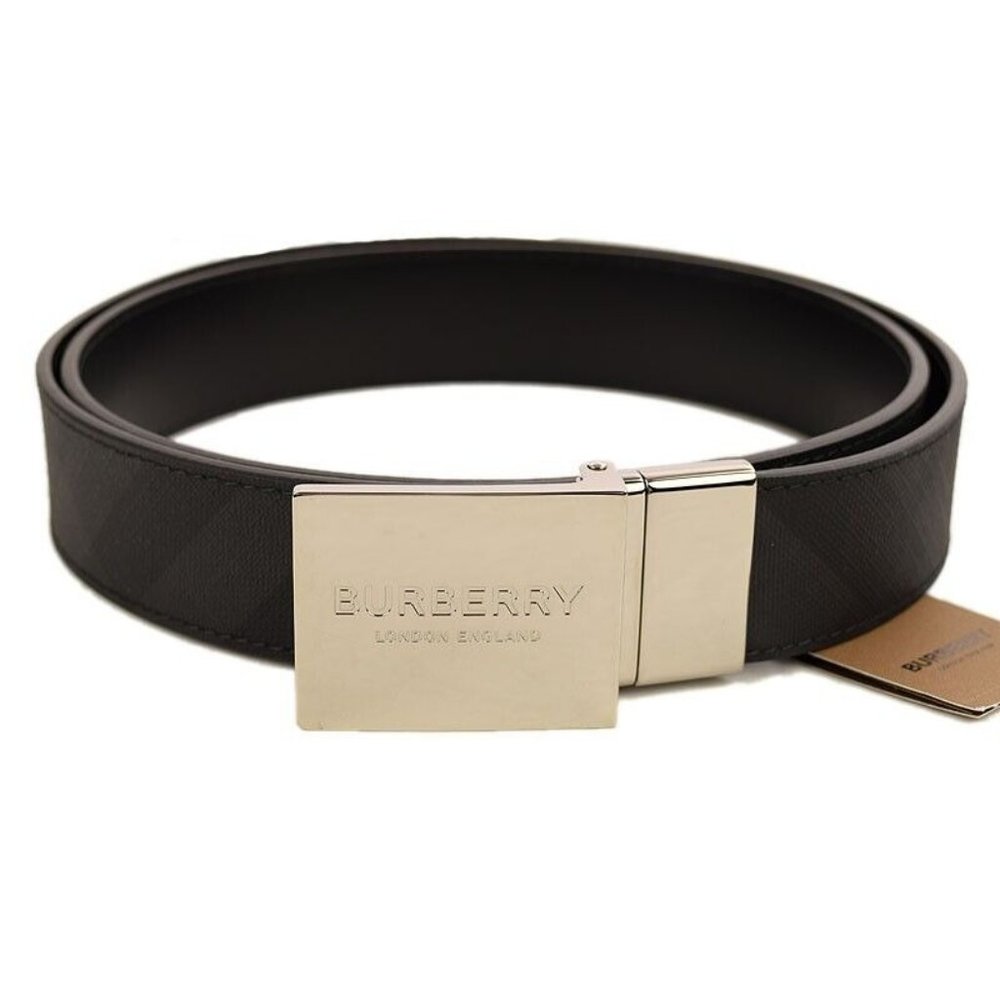 BURBERRY Gray Black London Check Plaque Reversible Belt CUT TO SIZE Italy NWT